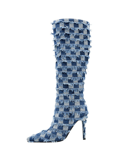 Frayed Checkered Blue Denim Knee High Boots-0