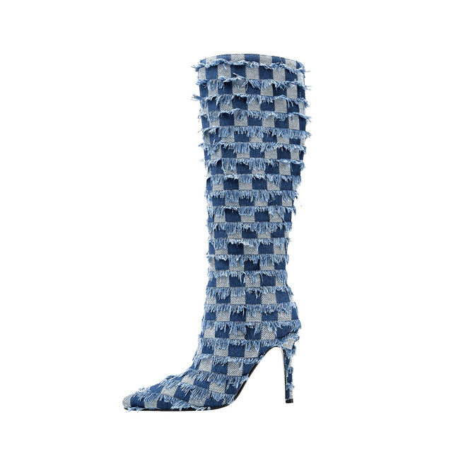 Frayed Checkered Blue Denim Knee High Boots-0