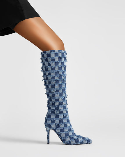 Frayed Checkered Blue Denim Knee High Boots-1