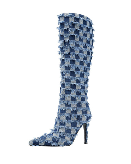 Frayed Checkered Blue Denim Knee High Boots-2
