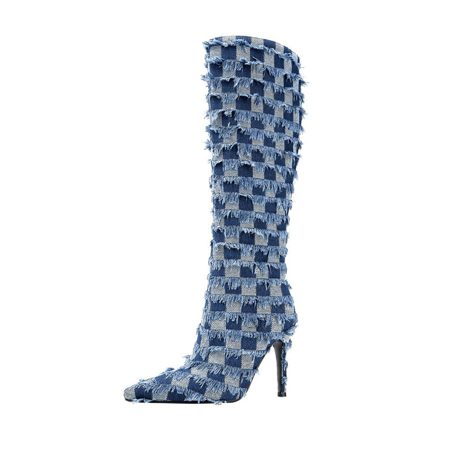 Frayed Checkered Blue Denim Knee High Boots-2