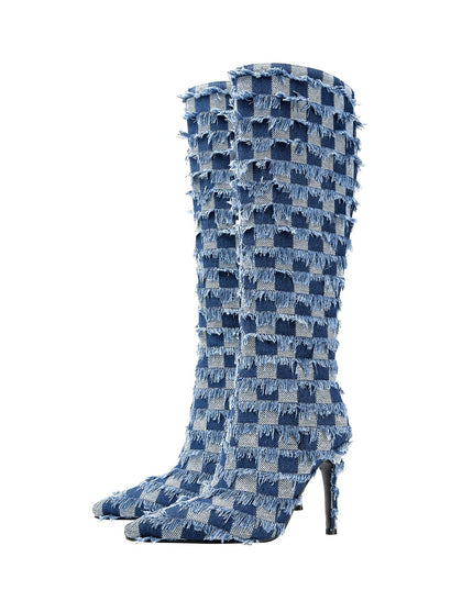 Frayed Checkered Blue Denim Knee High Boots-3