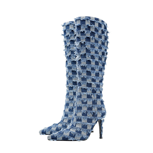 Frayed Checkered Blue Denim Knee High Boots-3