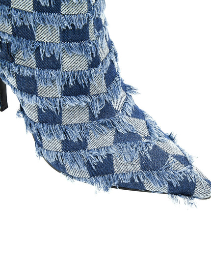 Frayed Checkered Blue Denim Knee High Boots-4