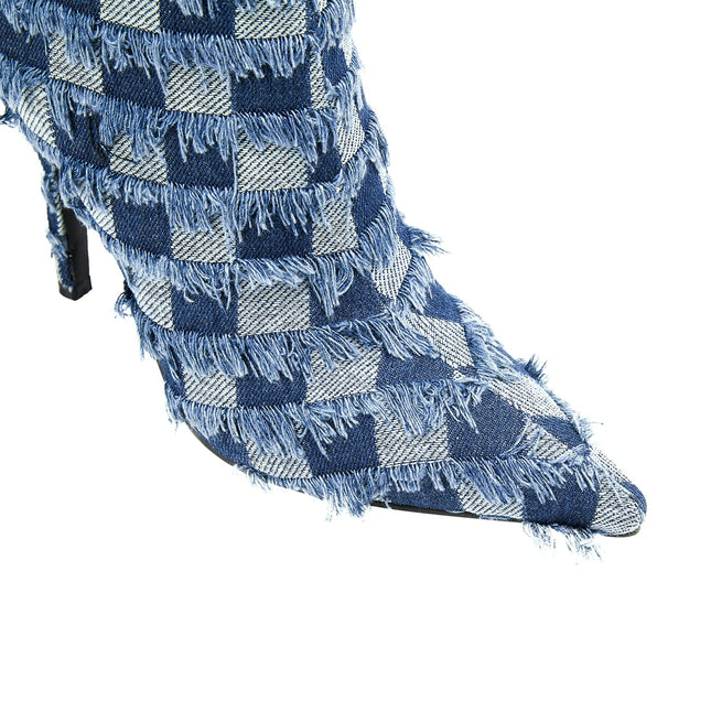 Frayed Checkered Blue Denim Knee High Boots-4