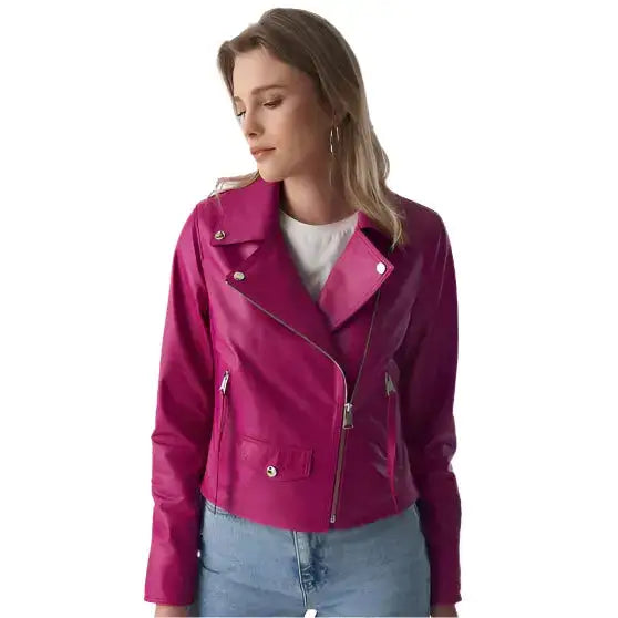 Women’s Classic Fuchsia Nappa Leather Biker Jacket-0