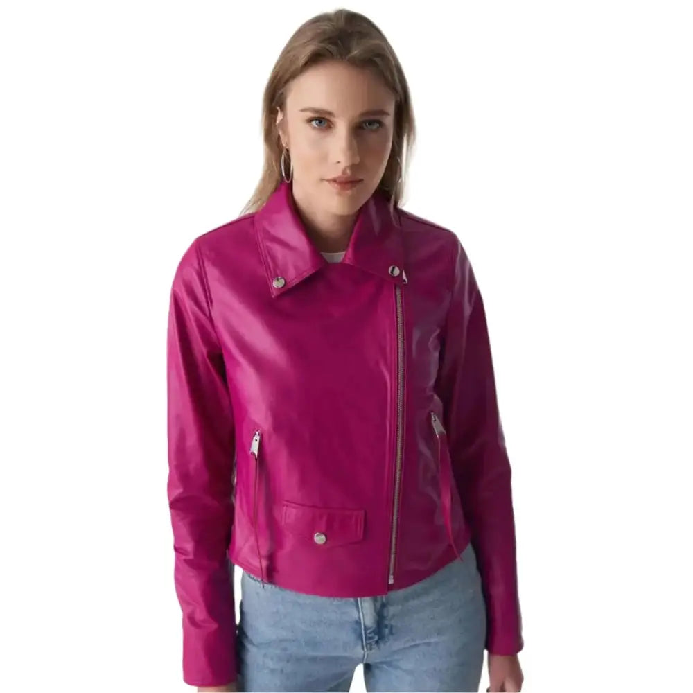 Women’s Classic Fuchsia Nappa Leather Biker Jacket-2