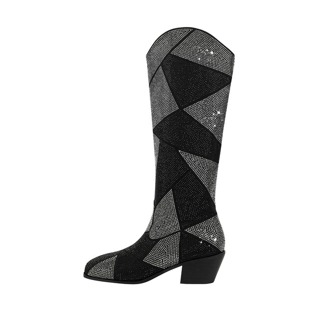 Geometric Black Silver Sparkle Western Knee High Boots-0