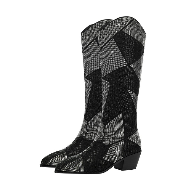 Geometric Black Silver Sparkle Western Knee High Boots-1