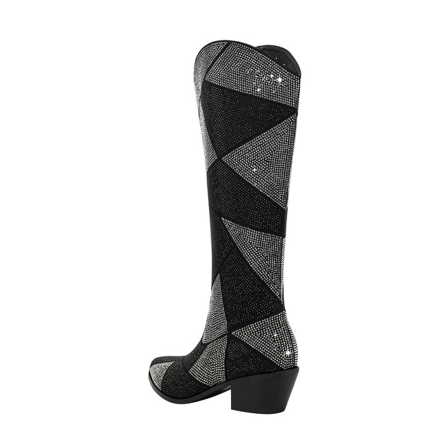 Geometric Black Silver Sparkle Western Knee High Boots-2