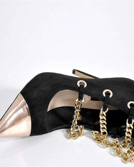 Glam Pointed Toe Gold Chain Black Knee High Boots-1