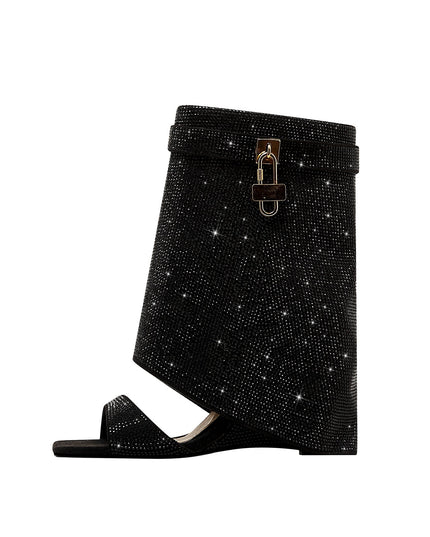 Glittery Rhinestone Square Toe Mid High Sandal Boots-0