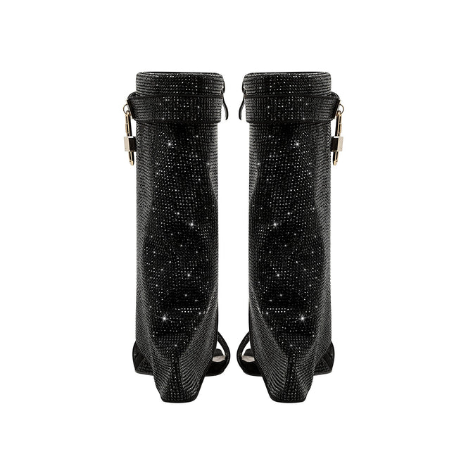 Glittery Rhinestone Square Toe Mid High Sandal Boots-3