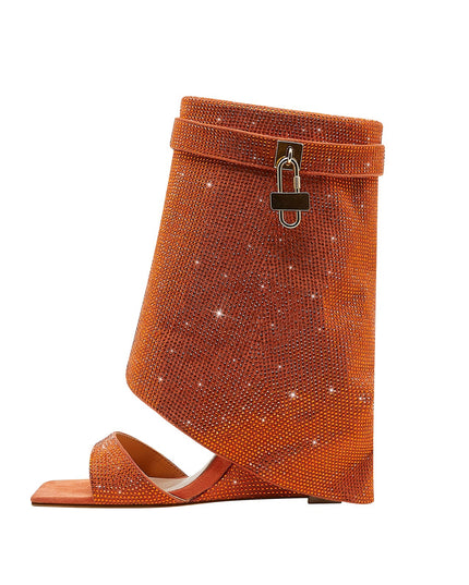 Glittery Rhinestone Square Toe Mid High Sandal Boots-5