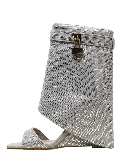 Glittery Rhinestone Square Toe Mid High Sandal Boots-7