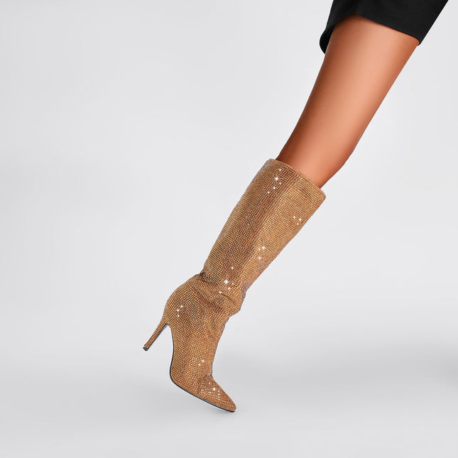 Gold and Silver Embellished Pointed Toe Knee High Boots-1