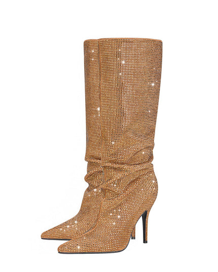 Gold and Silver Embellished Pointed Toe Knee High Boots-4