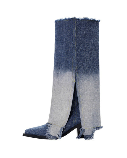 Gradient Navy Frayed Denim Knee High Boots-0