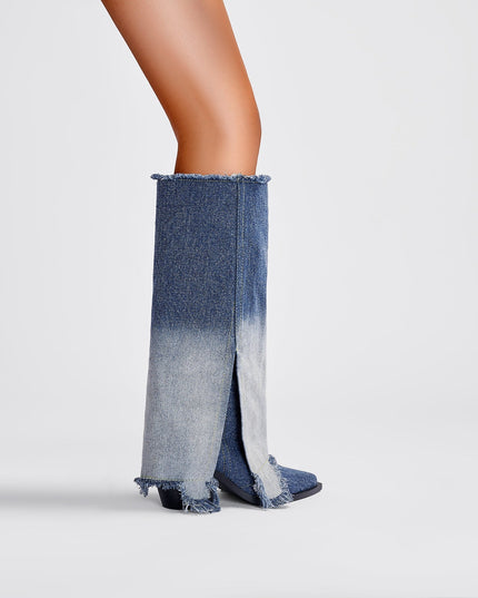 Gradient Navy Frayed Denim Knee High Boots-1
