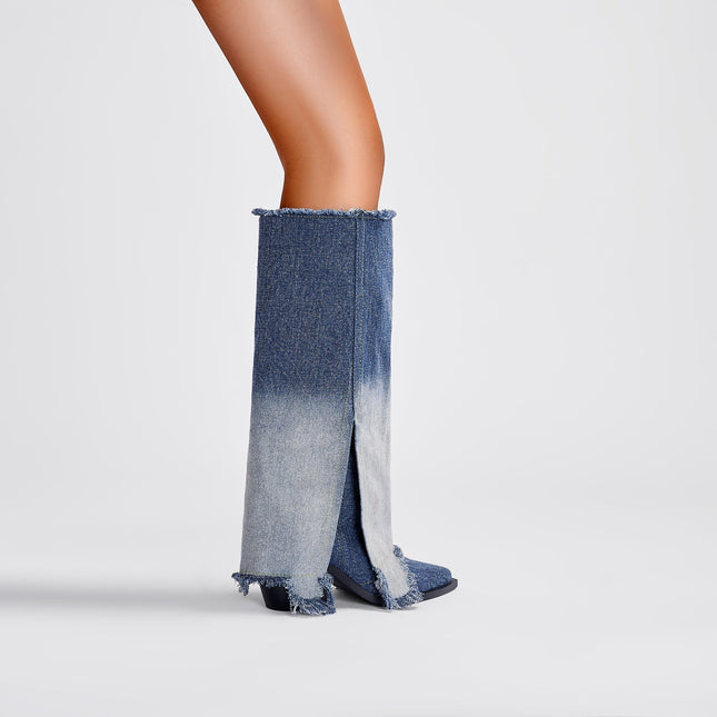 Gradient Navy Frayed Denim Knee High Boots-1