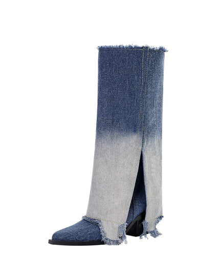 Gradient Navy Frayed Denim Knee High Boots-2
