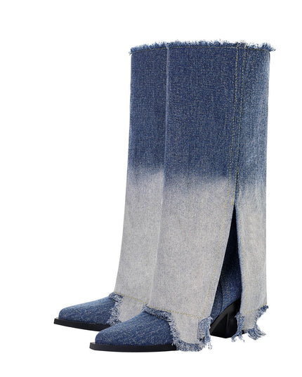 Gradient Navy Frayed Denim Knee High Boots-3