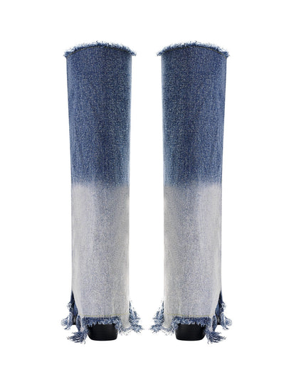 Gradient Navy Frayed Denim Knee High Boots-4