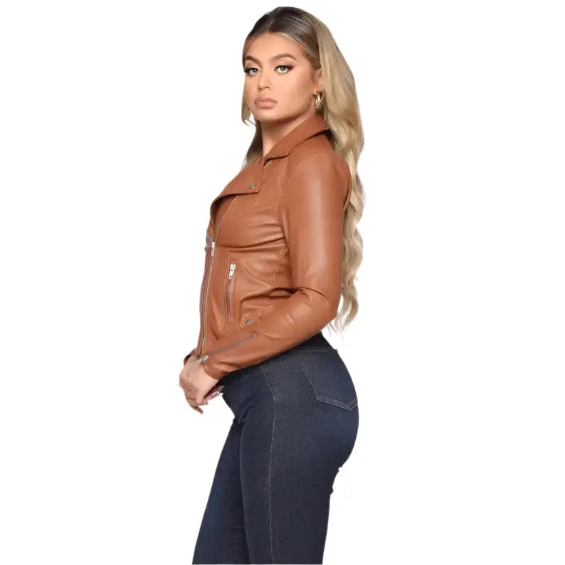 Women’s Brown Leather Biker Jacket-2