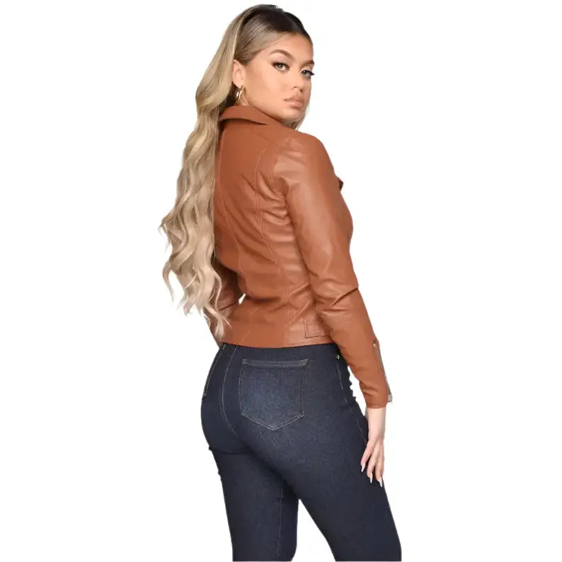 Women’s Brown Leather Biker Jacket-1
