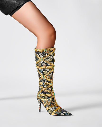 Haute Couture Golden and Crystal Encrusted Knee High Boots-1