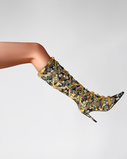 Haute Couture Golden and Crystal Encrusted Knee High Boots-2