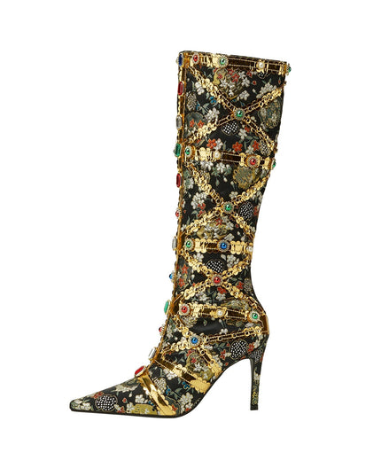 Haute Couture Golden and Crystal Encrusted Knee High Boots-3