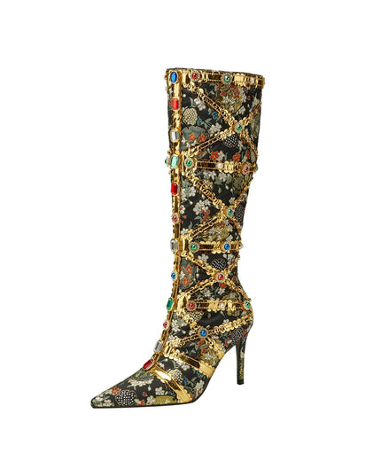 Haute Couture Golden and Crystal Encrusted Knee High Boots-4