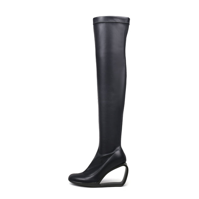 Hollow Wedge Black Knee High Boots-0