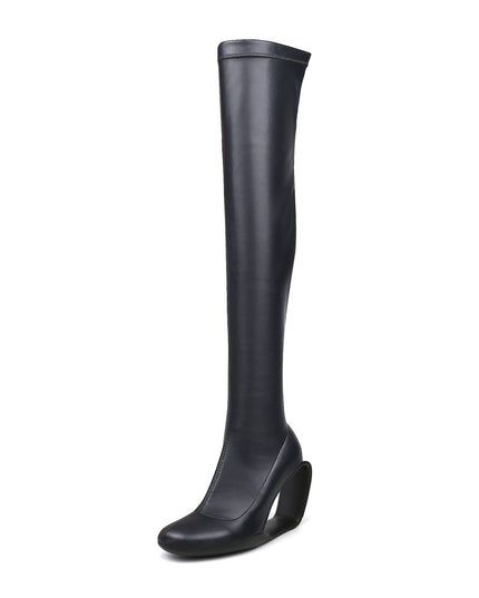 Hollow Wedge Black Knee High Boots-1