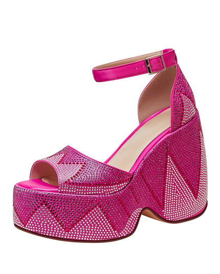 Hot Pink Rhinestone Open Toe Wedge Sandals-2