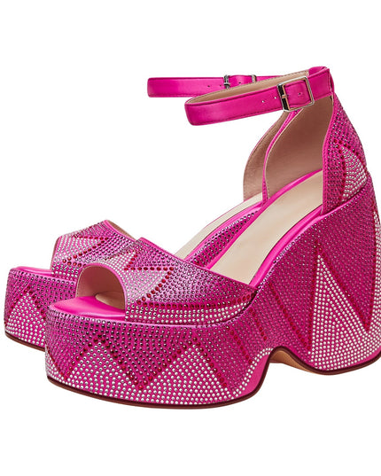 Hot Pink Rhinestone Open Toe Wedge Sandals-3