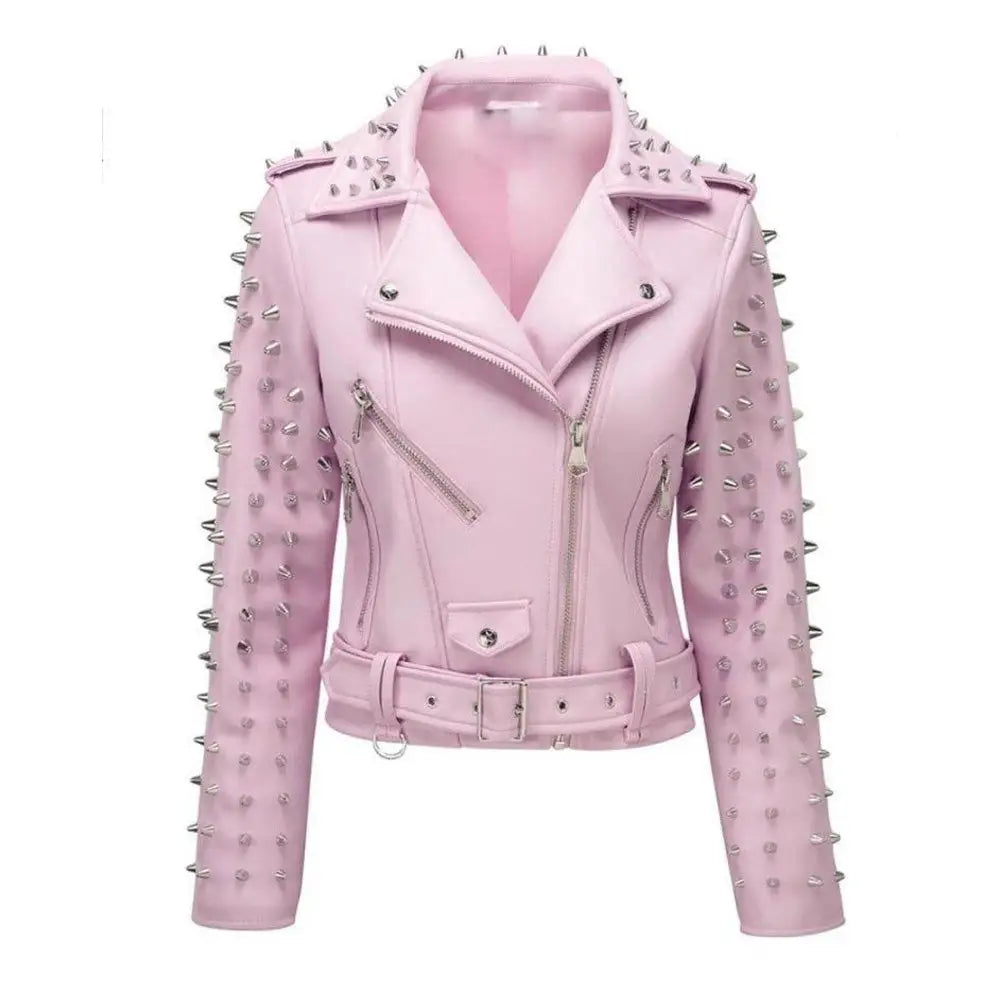 Women’s Hot Pink Studded Leather Jacket-0