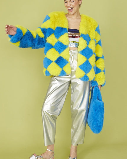 Delilah Handmade Yellow Blue Faux Fur Jacket-0
