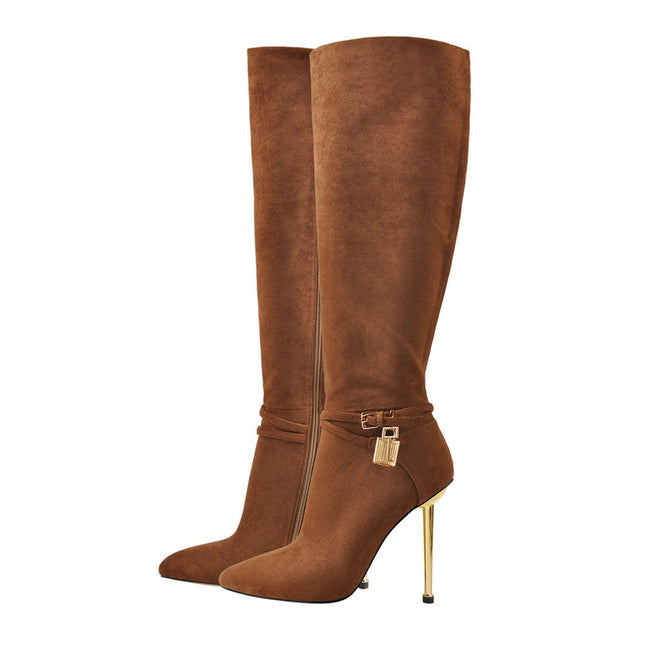 Lavish Brown Suede Pointed Toe Knee High Boots-2