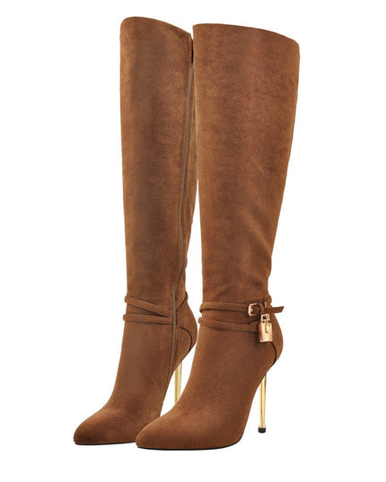 Lavish Brown Suede Pointed Toe Knee High Boots-3