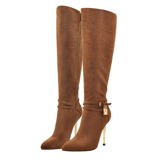 Lavish Brown Suede Pointed Toe Knee High Boots-3