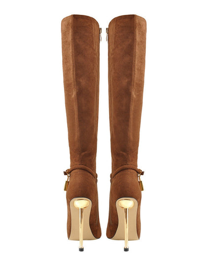 Lavish Brown Suede Pointed Toe Knee High Boots-4