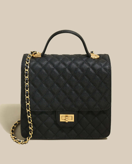 Elegant Leather Chain Strap Black Quilted Flap Satchel Backpack-0