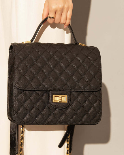 Elegant Leather Chain Strap Black Quilted Flap Satchel Backpack-2