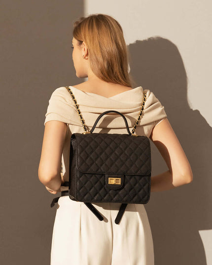 Elegant Leather Chain Strap Black Quilted Flap Satchel Backpack-3