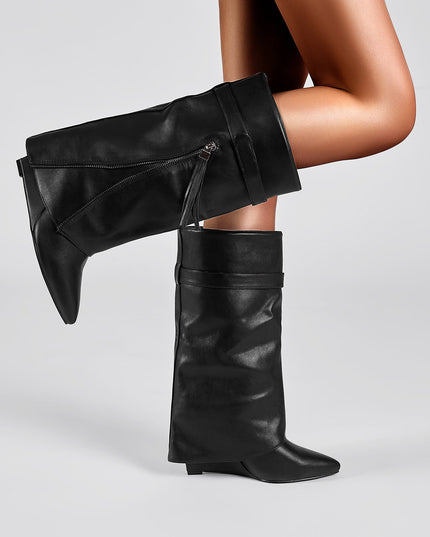 Leather Foldover Slouchy Knee High Boots-0