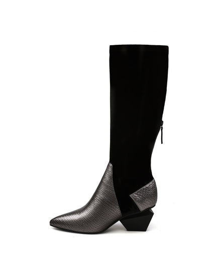 Leather Patchwork Slim Knee High Boots-4