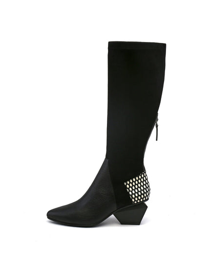 Leather Patchwork Slim Knee High Boots-5