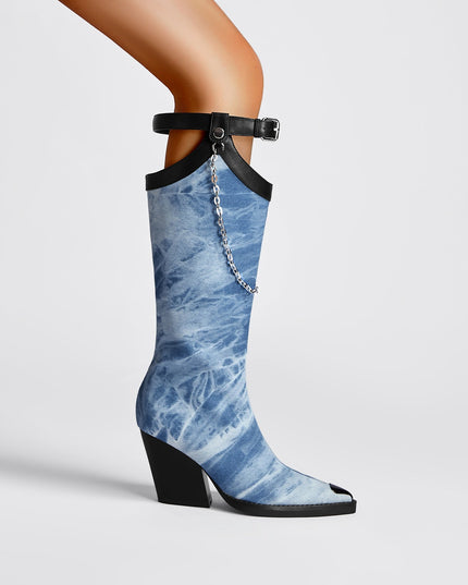 Light Blue Denim Chain Embellished Knee High Boots-1